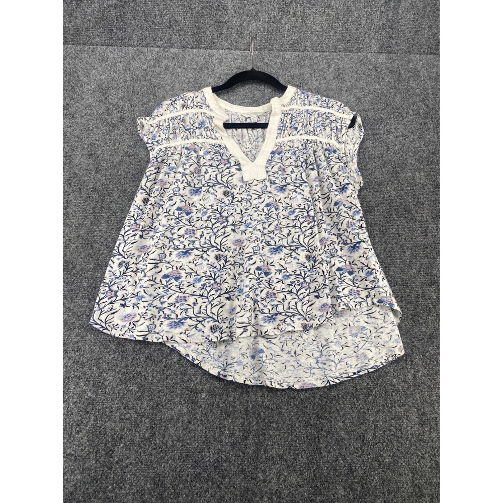 Lucky Brand Floral Split Neck Blouse Womens Medium Blue White Cap Sleeve Boho